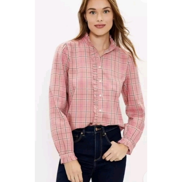 Loft Plaid Ruffle Button down shirt Pink Size S - Picture 1 of 12